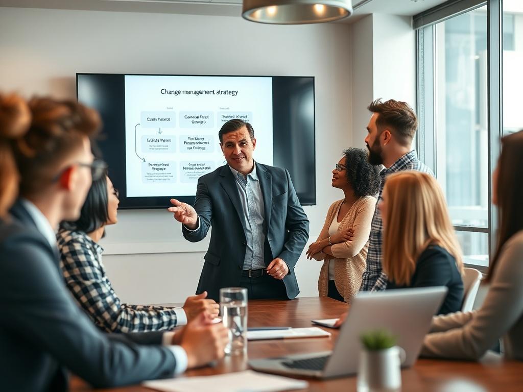 A close-up shot of a business consultant interacting with a diverse team in a conference room. The consultant is pointing at a digital screen showing a change management strategy. The room is modern and well-lit, with a focus on collaboration and engagement. The colors are warm and inviting, with a primary RGB color of (193, 153, 87).