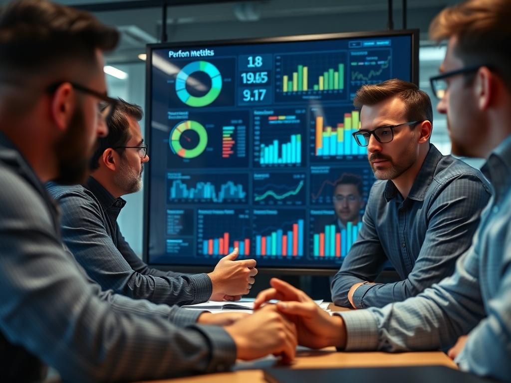 A close-up shot of a team analyzing performance metrics on a digital dashboard during a meeting. The team is engaged and discussing insights, with charts and graphs displayed prominently. The environment is modern and conducive to strategy development. The primary RGB color is (193, 153, 87).