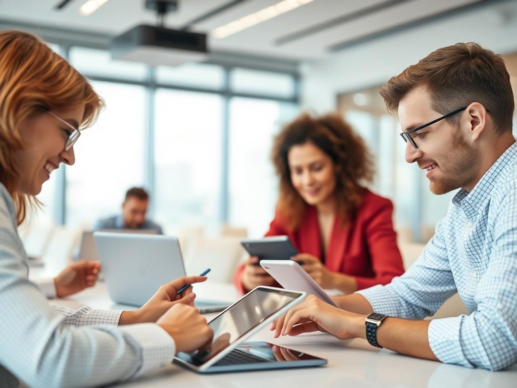 A high-resolution image showcasing a digital transformation workshop in progress, with participants engaging with technology, such as tablets and laptops, in a bright, modern conference room.