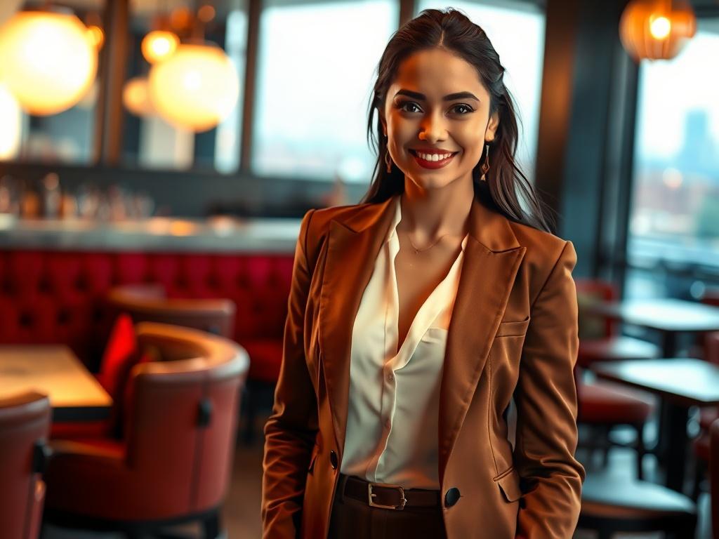 **AI Image Generation Prompt:**

Create a realistic high-resolution photo that embodies the theme "Maximize Your Delhi Escort Experience." The image should feature a confident, poised individual in a stylish, elegant outfit, standing in an upscale bar setting. The subject should have a warm, inviting smile that exudes charisma, symbolizing the blend of professionalism and charm one aims to find in a personal escort experience.

In the background, place softly blurred elements such as plush seating, ambient 