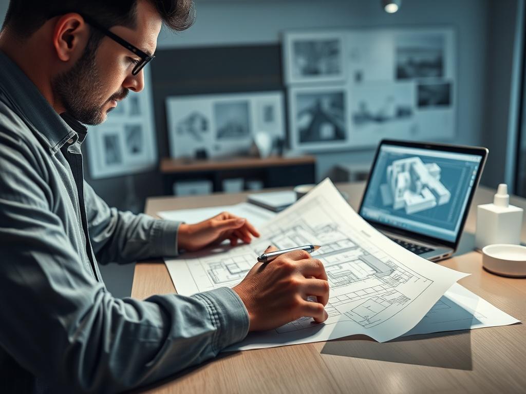 A hyper realistic close up shot of an architect reviewing