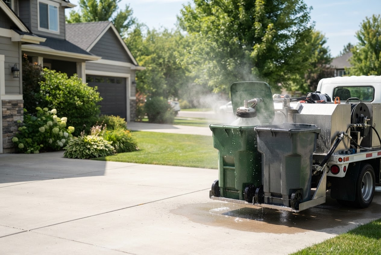 Residential trash bins being professionally cleaned in a sunny driveway