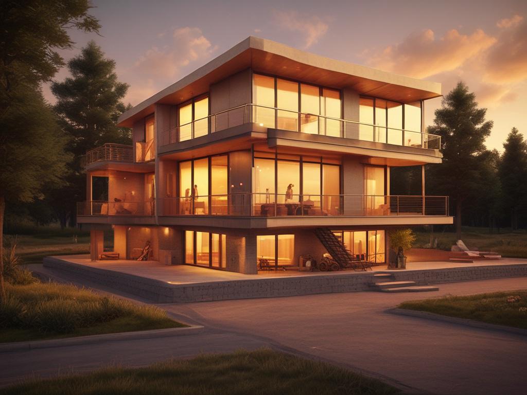 A cozy, modern house under construction with a beautiful sunset