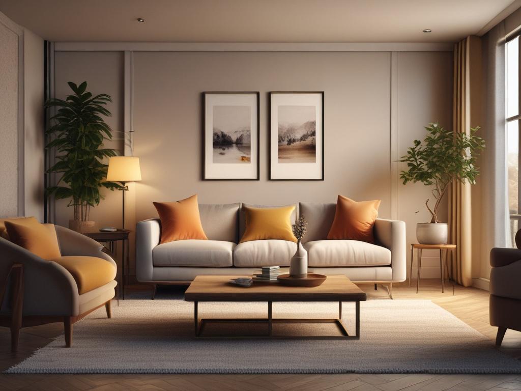 A beautifully designed interior living room featuring warm lighting and