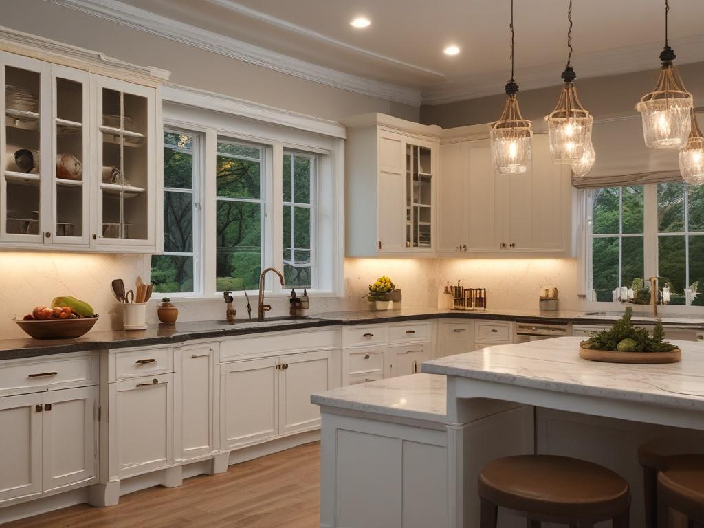 A beautifully renovated kitchen showcasing modern design elements with warm,