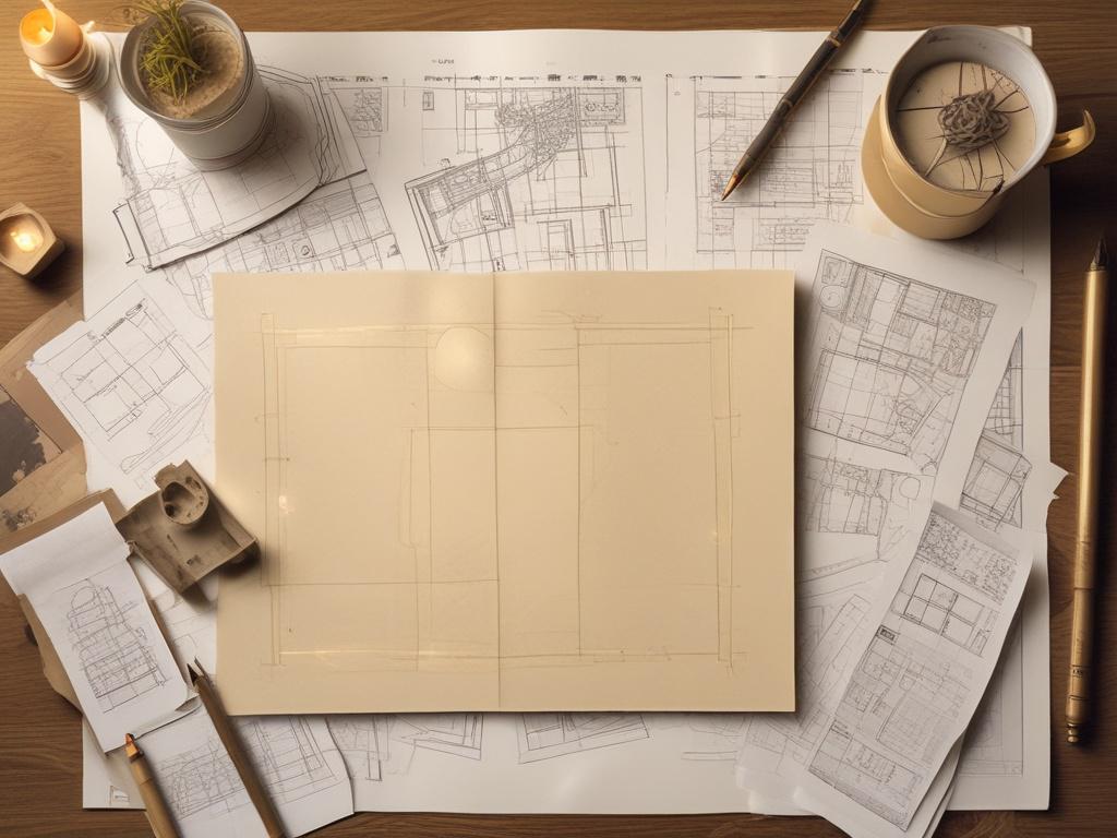 A detailed architectural plan laid on a table, with design