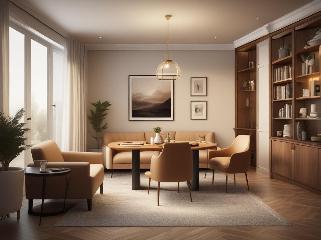 A cozy consultation room with a wooden table and comfortable