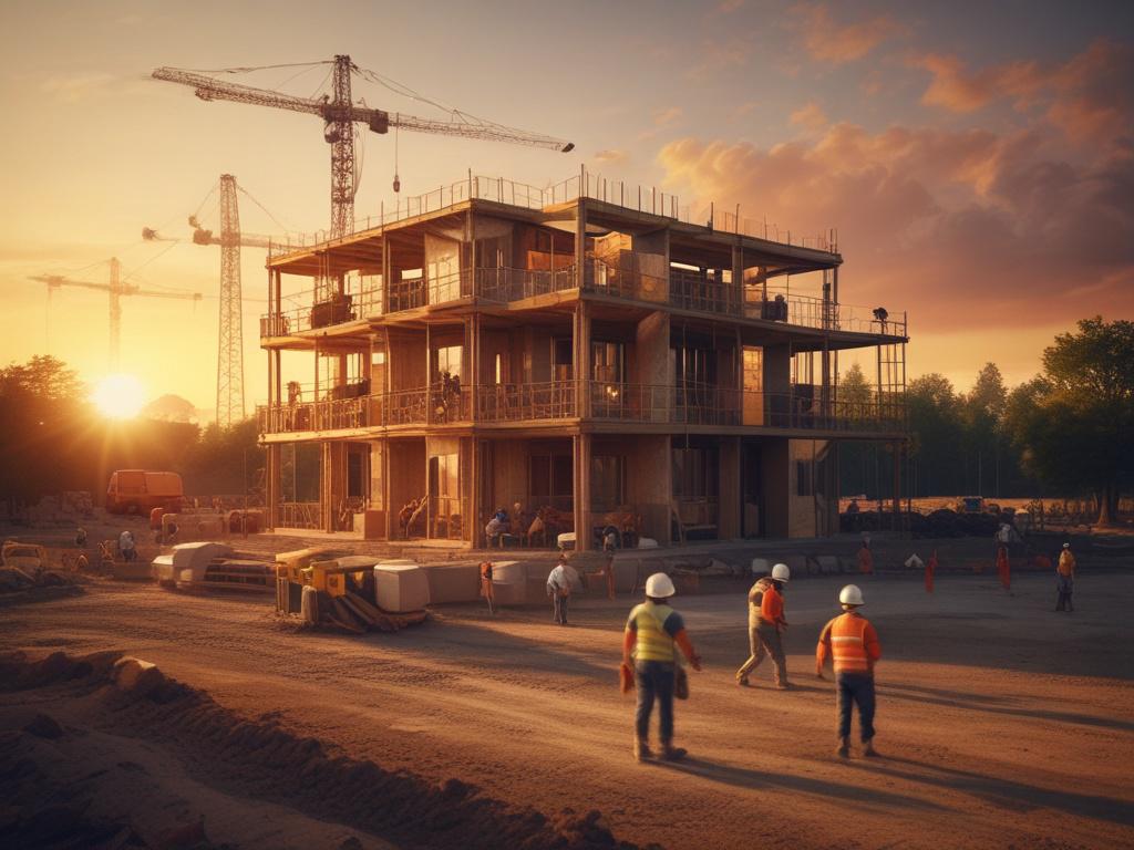 A construction site with a partially built house, surrounded by