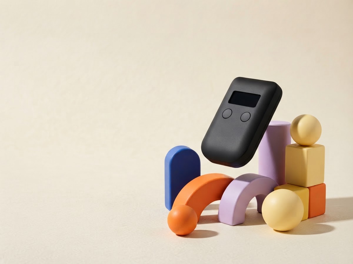 A Trezor hardware wallet among colorful geometric shapes