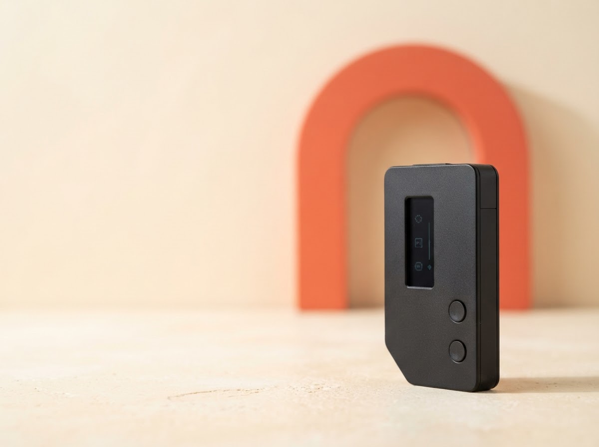 A hardware wallet device shown against a warm studio backdrop