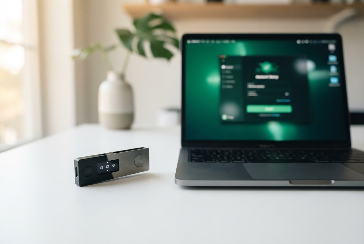 Ledger-style hardware wallet next to a laptop on a bright desk