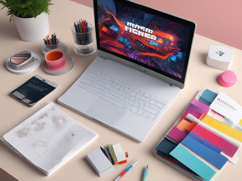 A close-up shot of a professional designer's workspace featuring a laptop displaying a vibrant digital branding project, with color swatches and branding materials neatly arranged. The photo is hyper-realistic, shot with a 45mm f/1.2 lens style, emphasizing sharp focus on the laptop screen, with a warm orange rgb(248, 140, 2) color tone in the background.