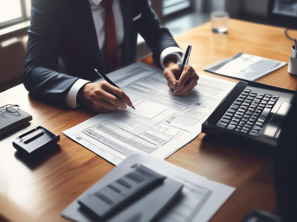 A hyper-realistic close-up photo of a business professional reviewing detailed business plans and financial charts on a desk, with a pen in hand and a laptop nearby. The image features a warm orange rgb(248, 140, 2) color ambiance, shot with a 45mm f/1.2 lens style, focusing sharply on the documents.