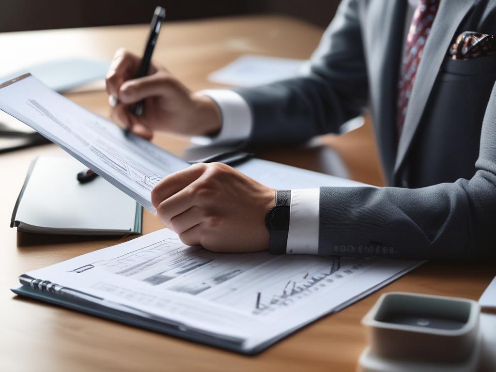 A hyper realistic close up of a business professional reviewing