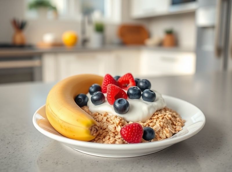 Light pre-practice meal with banana, Greek yogurt, oatmeal with berries and honey