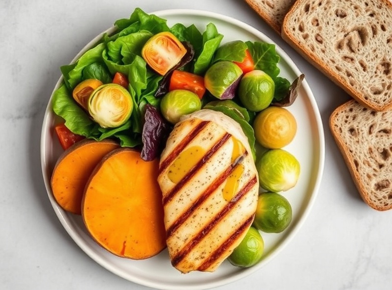 Everyday balanced meal with grilled chicken, mixed green salad, sweet potato and whole grains