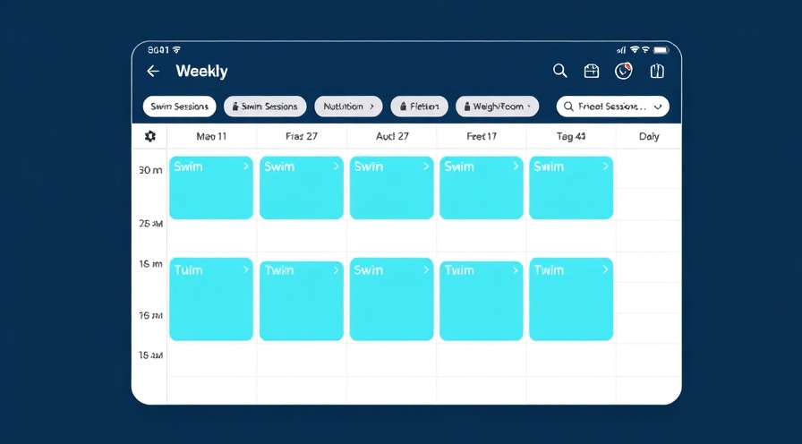 Personalized program builder calendar interface showing swim sessions, nutrition, and weight room tracking