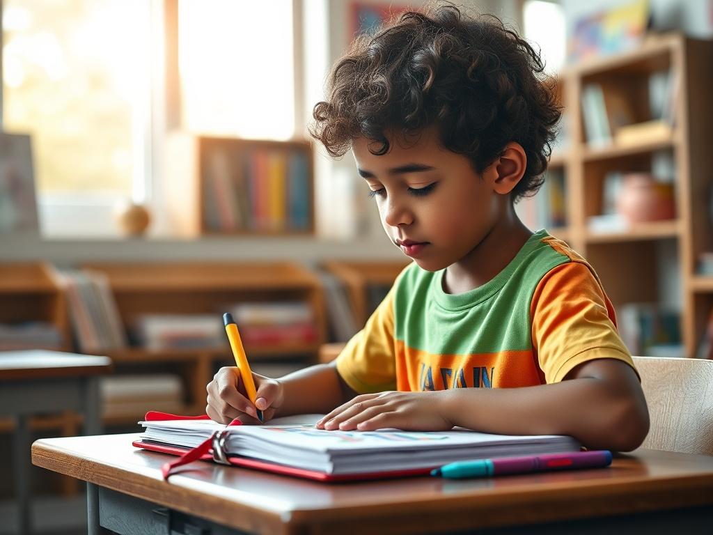 Create a realistic, high-resolution image depicting a young student, approximately 8 years old, seated at a study desk in a well-lit, inviting classroom setting. The child should have a thoughtful expression, reflecting determination and focus, as they look down at a notebook filled with colorful drawings and notes. This single subject should be a diverse boy with short curly hair, wearing a vibrant t-shirt.

In the background, showcase shelves filled with books and educational materials, emphasizing a nurt