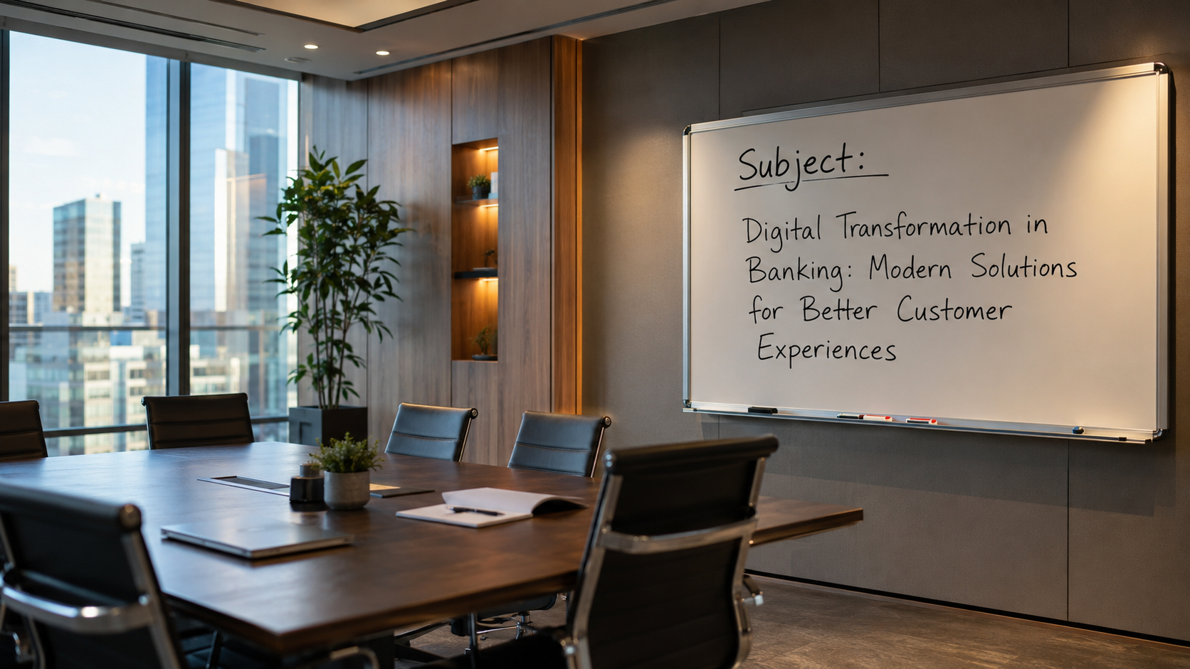 Modern executive conference room with strategy notes on a whiteboard — Digital Transformation in Financial Services case study