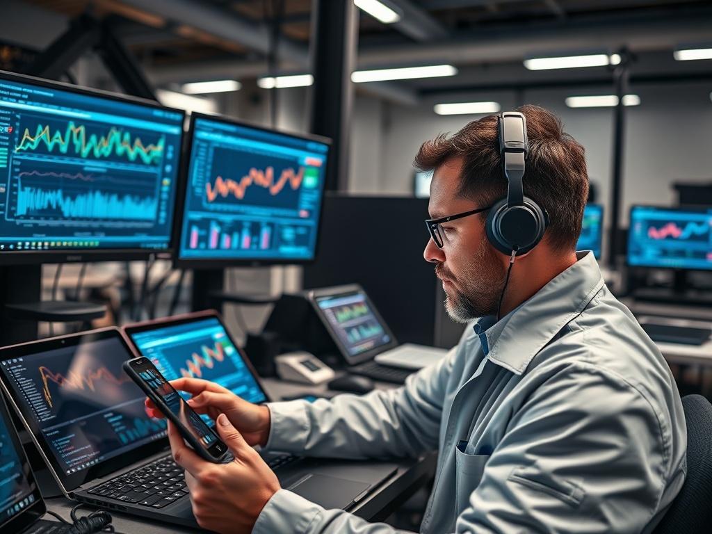 A QA engineer examining app performance on multiple devices—tablets, smartphones,