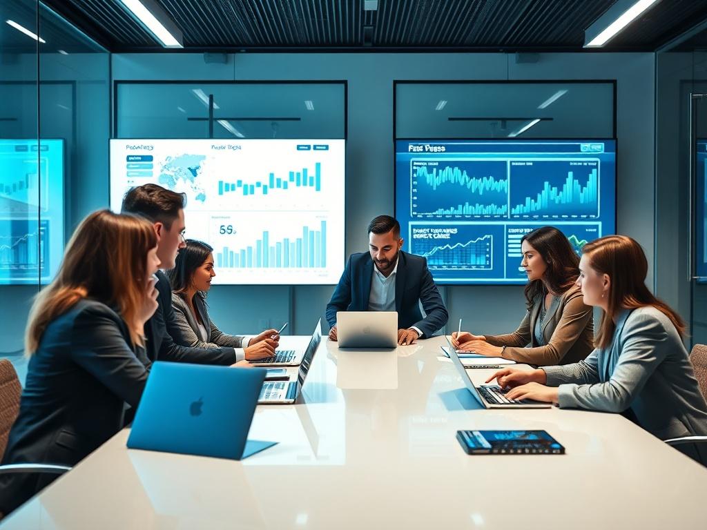 A professional business meeting in a sleek, modern office setting