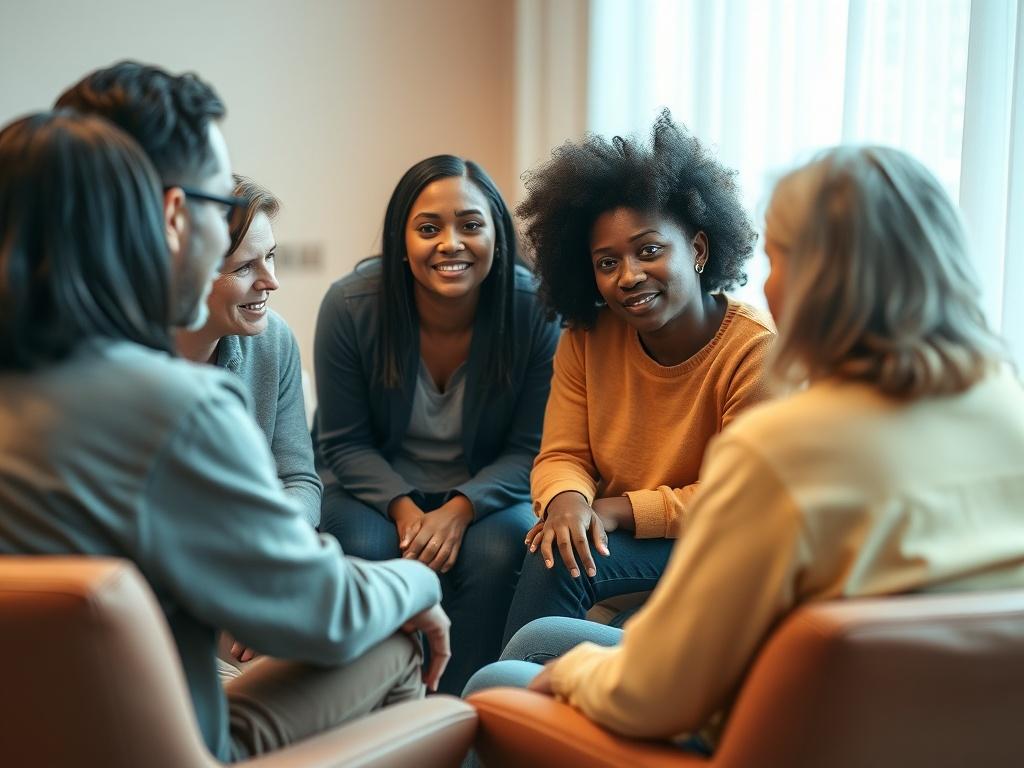 A close-up shot of a diverse group of individuals sitting in a circle during a group therapy session, engaged in conversation. The setting is a warm, inviting room with soft lighting and comfortable seating. The focus is on their expressions of empathy and understanding, showcasing a supportive atmosphere. The background should be minimalistic, emphasizing the connection between the participants, with a color palette that aligns with rgb(251, 37, 121). The image should be hyper-realistic, captured with a 45