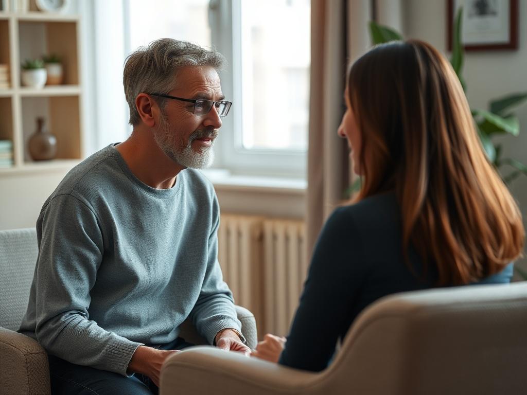 A close-up shot of a therapist and a client engaged in an individual therapy session, sitting across from each other in a comfortable, serene office setting. The therapist listens attentively, showing empathy, while the client expresses their thoughts. The room should be softly lit, creating a calming atmosphere with minimal distractions. The focus is on their facial expressions, capturing the connection and trust in the therapeutic relationship. The color scheme should match rgb(251, 37, 121), and the imag