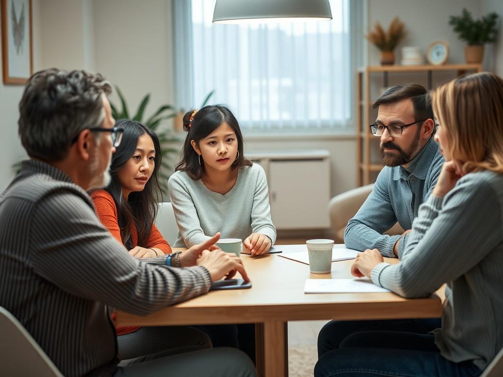 A close-up shot of a family participating in a therapy session, gathered around a table in a welcoming office space. The family members are engaged in discussion, showcasing emotions such as concern and support. The setting should feel warm and inviting, with soft colors that promote a sense of safety. The focus is on the family’s interactions, capturing moments of connection and understanding. The image should align with rgb(251, 37, 121) and be hyper-realistic, captured with a 45mm f/1.2 lens.