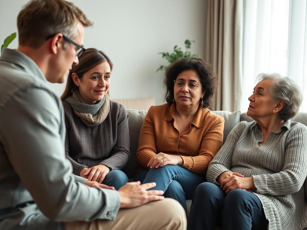 A close-up shot of a family engaged in a therapy session, with a therapist guiding the discussion. The family members display a range of emotions, from concern to hope, while actively participating in the conversation. The setting is warm and inviting, with comfortable seating and soft lighting that enhances the emotional depth of the interaction. The image should reflect the importance of family support in the recovery journey, rendered in a hyper-realistic style with a 45mm f/1.2 lens.