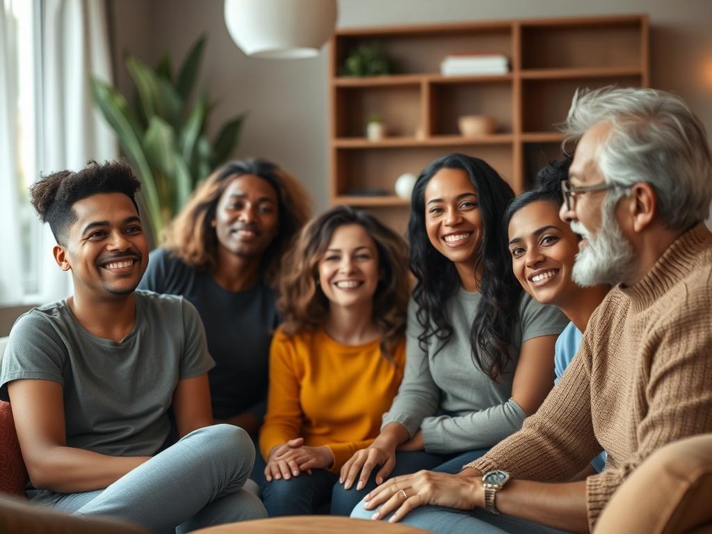 A high-resolution close-up of a diverse group of individuals sitting in a circle, engaged in a group therapy session. The expressions on their faces reflect openness and vulnerability, with a warm, inviting atmosphere around them. Soft lighting enhances the emotional connection, while comfortable seating suggests a safe space. The image should capture the essence of support and healing within a community, rendered in a hyper-realistic style with a 45mm f/1.2 lens.