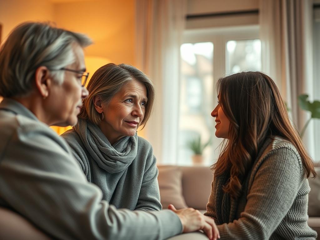 A close-up shot of a therapist and a client engaged in a focused conversation during a therapy session, with warm, inviting lighting in a cozy room. The therapist displays empathy and understanding, while the client appears engaged and open. The background features soft colors and comfortable furnishings, creating a safe and welcoming atmosphere. The image should evoke feelings of trust and support, captured in a hyper-realistic style, using a 45mm f/1.2 lens.