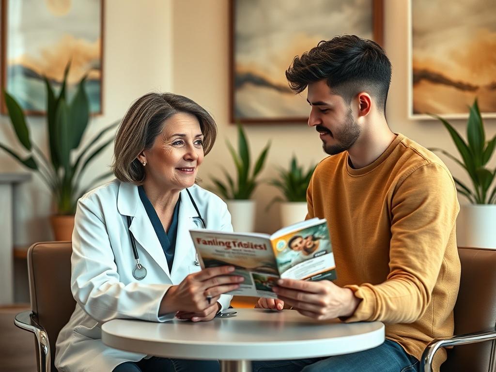 **Prompt for AI Image Generator:**

Create a realistic high-resolution photo focusing on a compassionate healthcare professional engaging with a patient in a calm and inviting outpatient care setting. The image should depict the healthcare professional, who is a middle-aged woman wearing a white lab coat, sitting at a small round table. She is attentively listening to the patient, displaying empathy and understanding in her expression. The patient, a young man in casual clothing, is holding a health brochur