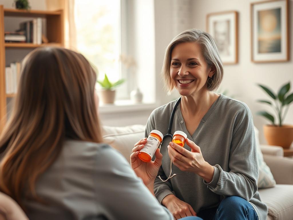 **Prompt for AI Image Generation:**

Create a realistic high-resolution photo that showcases the essence of medication management in the context of addiction recovery. The image should feature a compassionate healthcare professional, a middle-aged woman with a warm smile, holding a prescription bottle and gently discussing medication with a patient seated in a comfortable therapy room. 

The composition should be straightforward and focused, emphasizing the interaction between the healthcare professional an