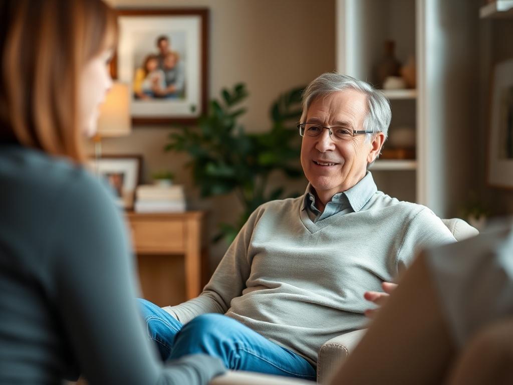Create a realistic high-resolution photo depicting a warm and inviting family therapy session. The composition should be simple and clear, focusing on a single subject: a compassionate therapist in a cozy, well-lit room. The therapist, a middle-aged person with a friendly demeanor, should be seated in a comfortable armchair, facing the camera. They are engaged in conversation, with one hand gesturing expressively, conveying empathy and understanding.

In the background, softly blurred, include elements that