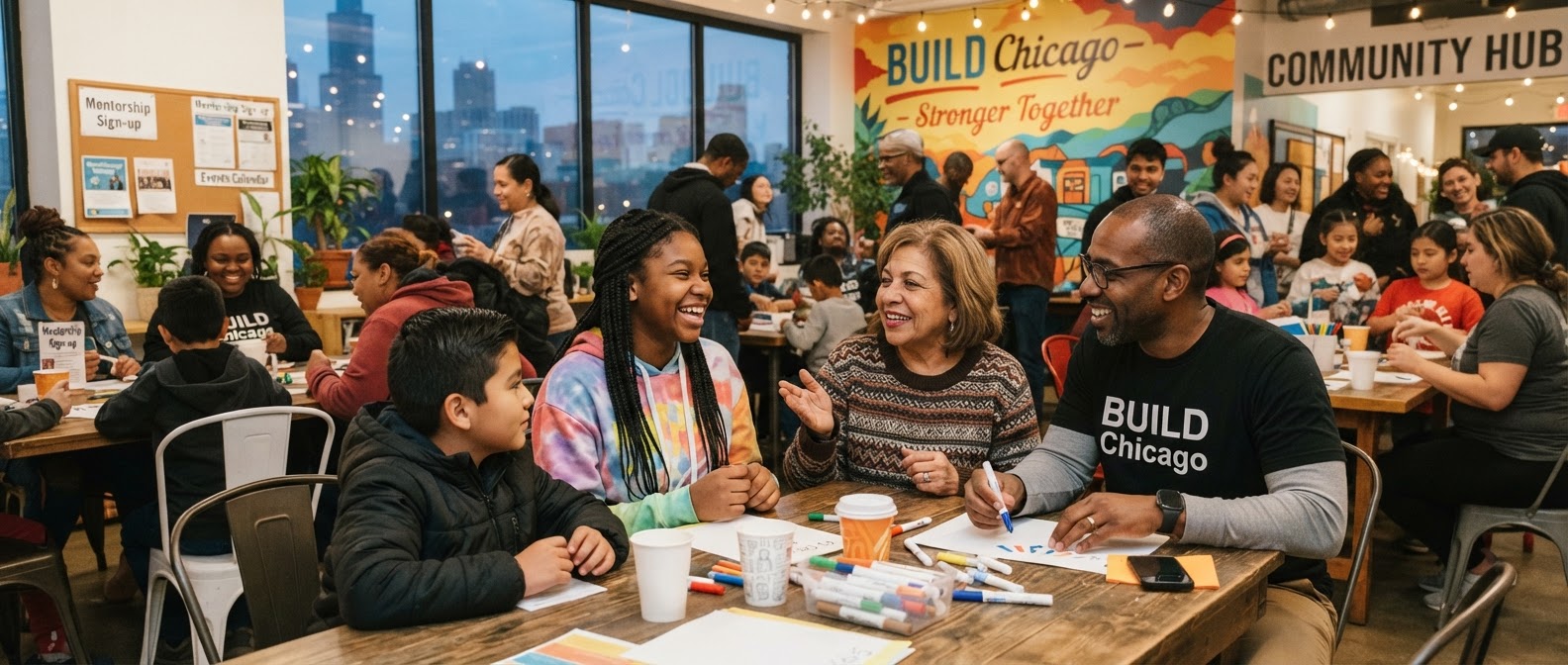 Diverse Chicago youth, families, mentors, and community members together