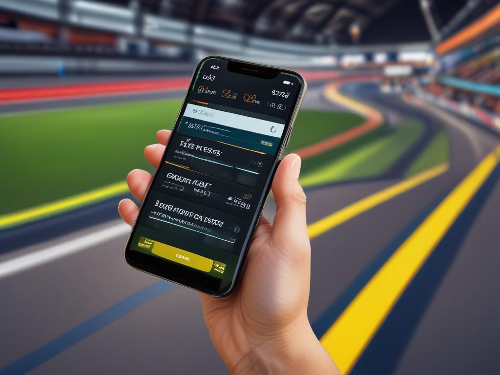 focused shot of a digital assistant on a smartphone displaying racing tips, modern interface, high-resolution, bright colors against a dark background, showcasing innovation.