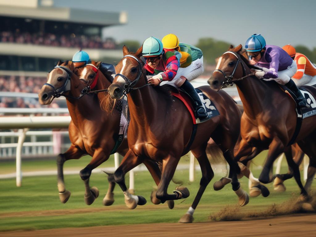 close-up shot of a horse racing scene with a focus on a jockey, vibrant colors, high-resolution, natural lighting, emphasizing excitement and action.