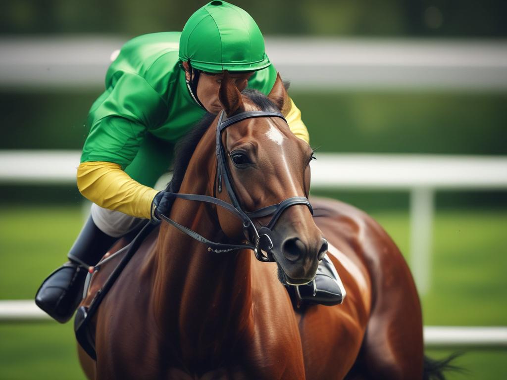 close up of a racehorse with a jockey, intense focus,