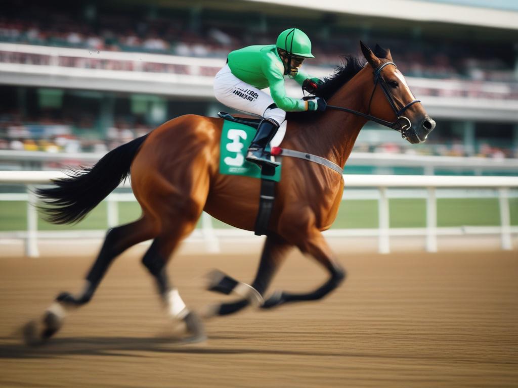 close up shot of a thoroughbred racehorse in motion, vibrant