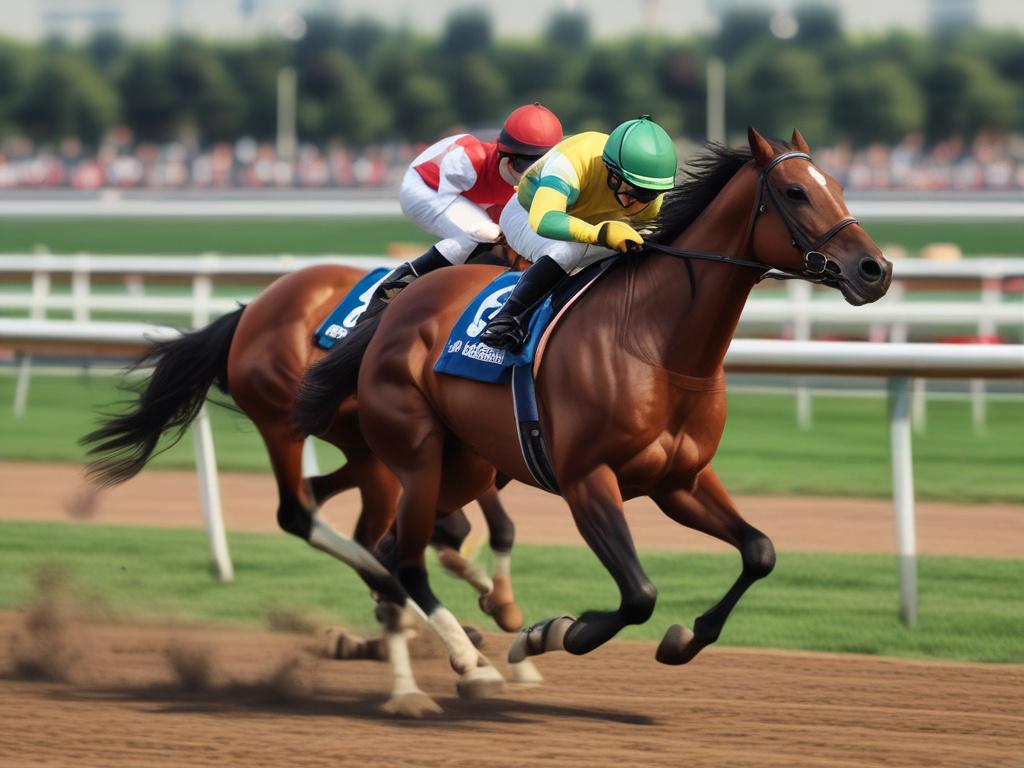 A close-up of a sleek, AI-generated horse racing prediction model interface, showcasing data points and analytics with a dynamic background of a racetrack, shot with a 45mm f/1.2 lens.