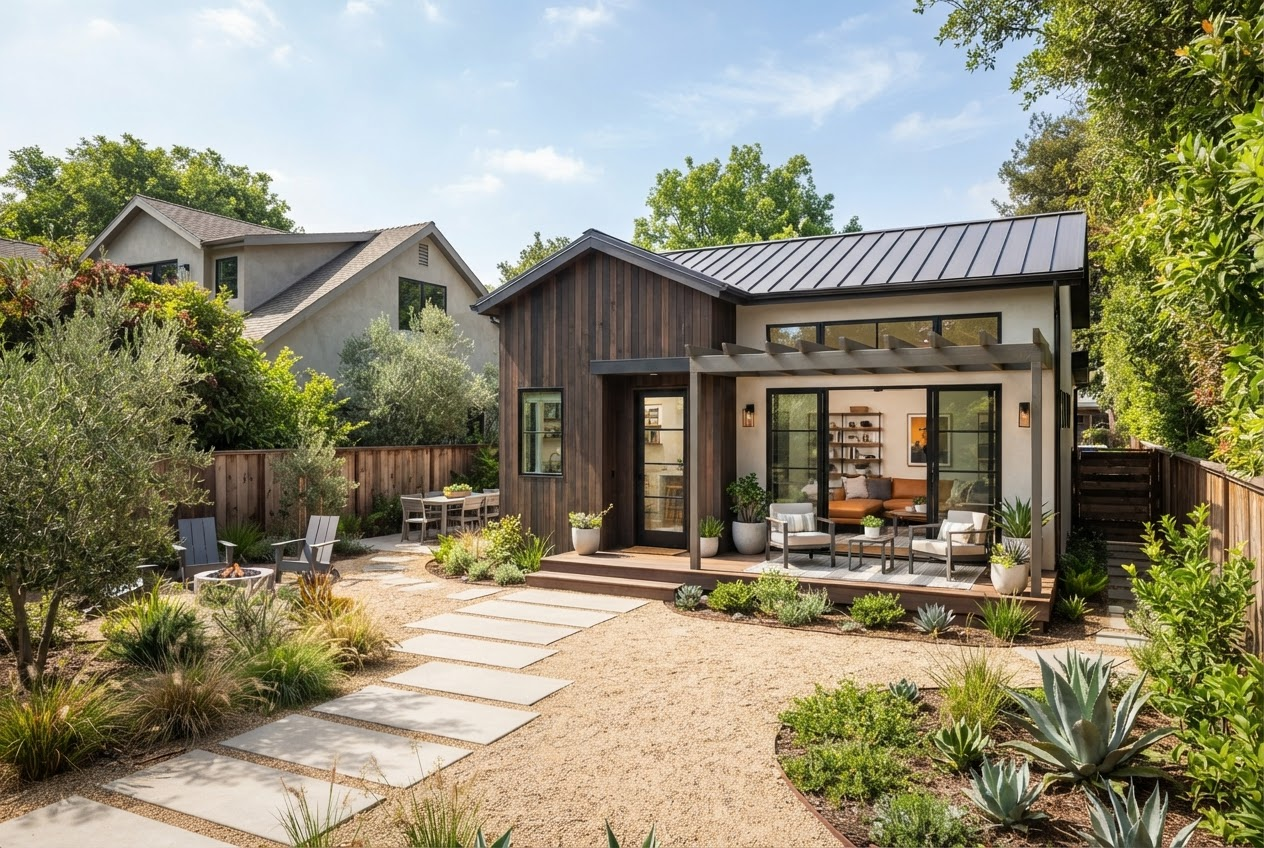 Modern detached ADU with contemporary design and professional landscaping