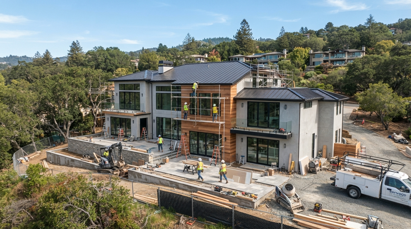 Premium residential construction project in Redwood City showing modern luxury home renovation with contemporary design and professional construction