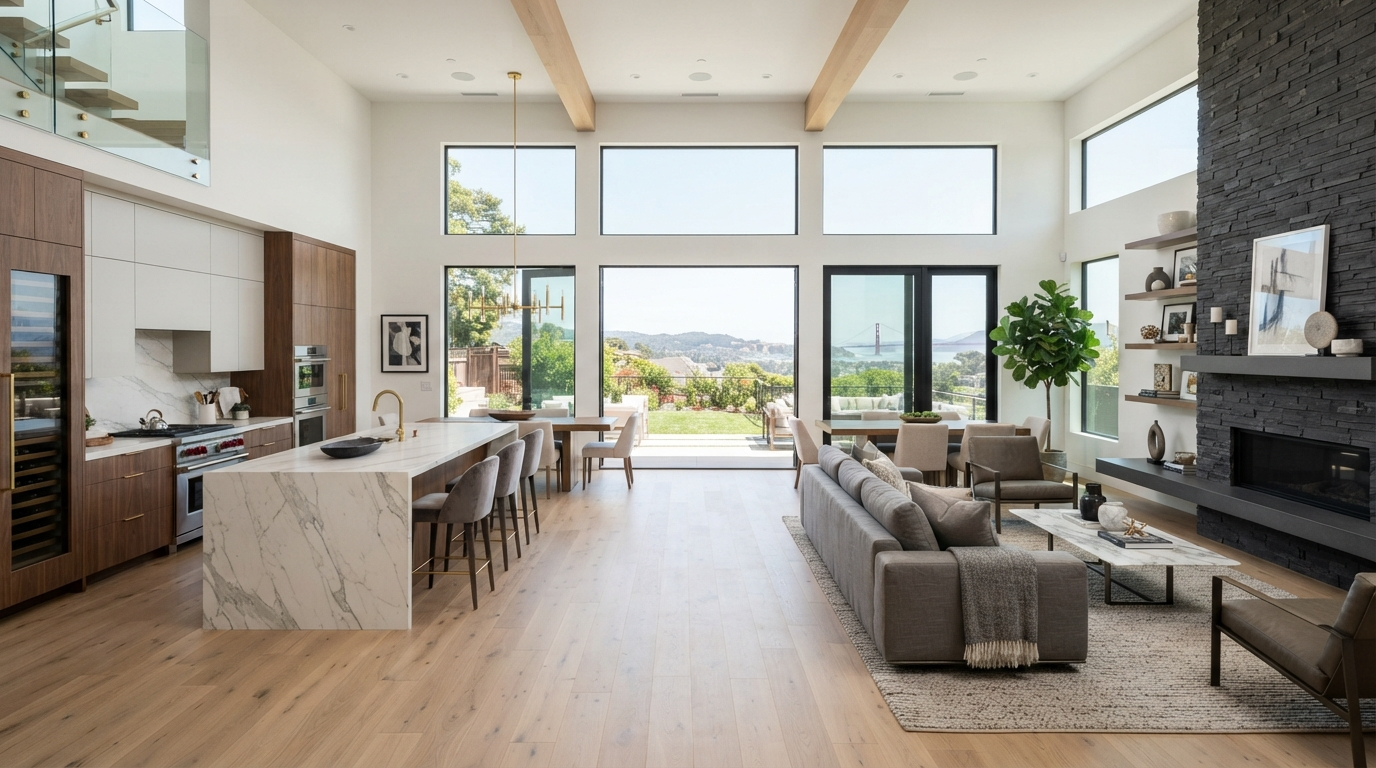 Luxury full home remodel featuring modern open-concept living space with premium finishes and high-end materials