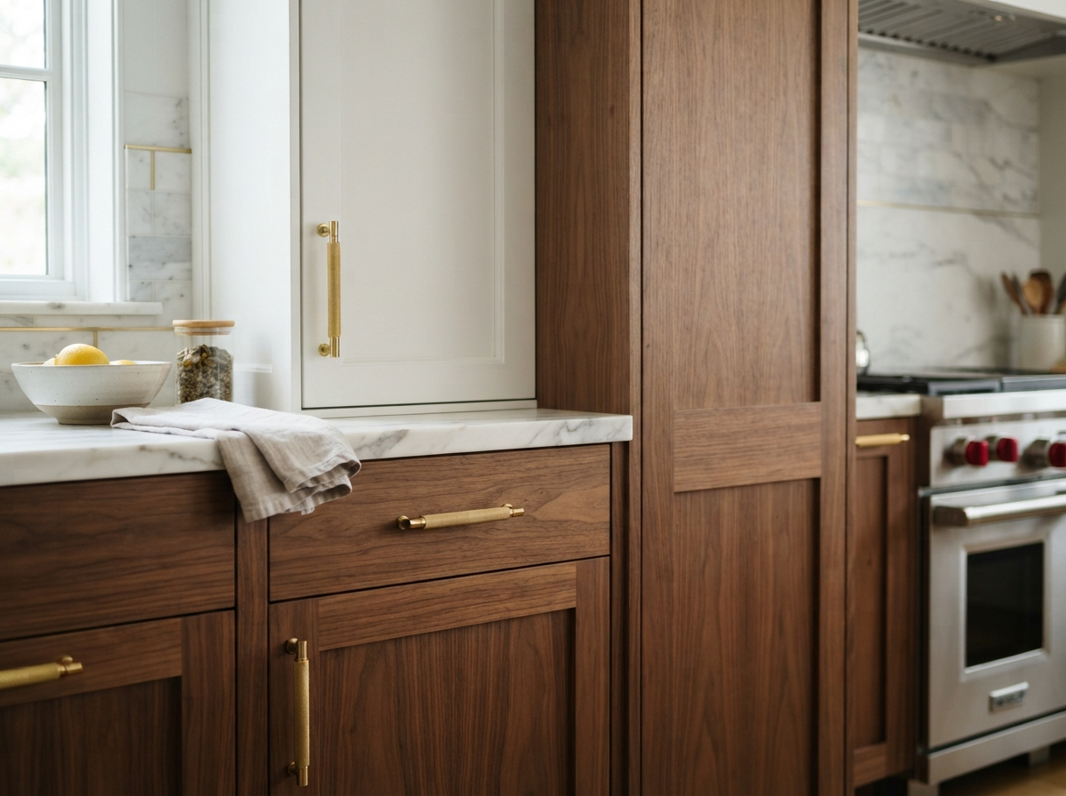 Luxury custom kitchen cabinetry with white and warm wood finishes