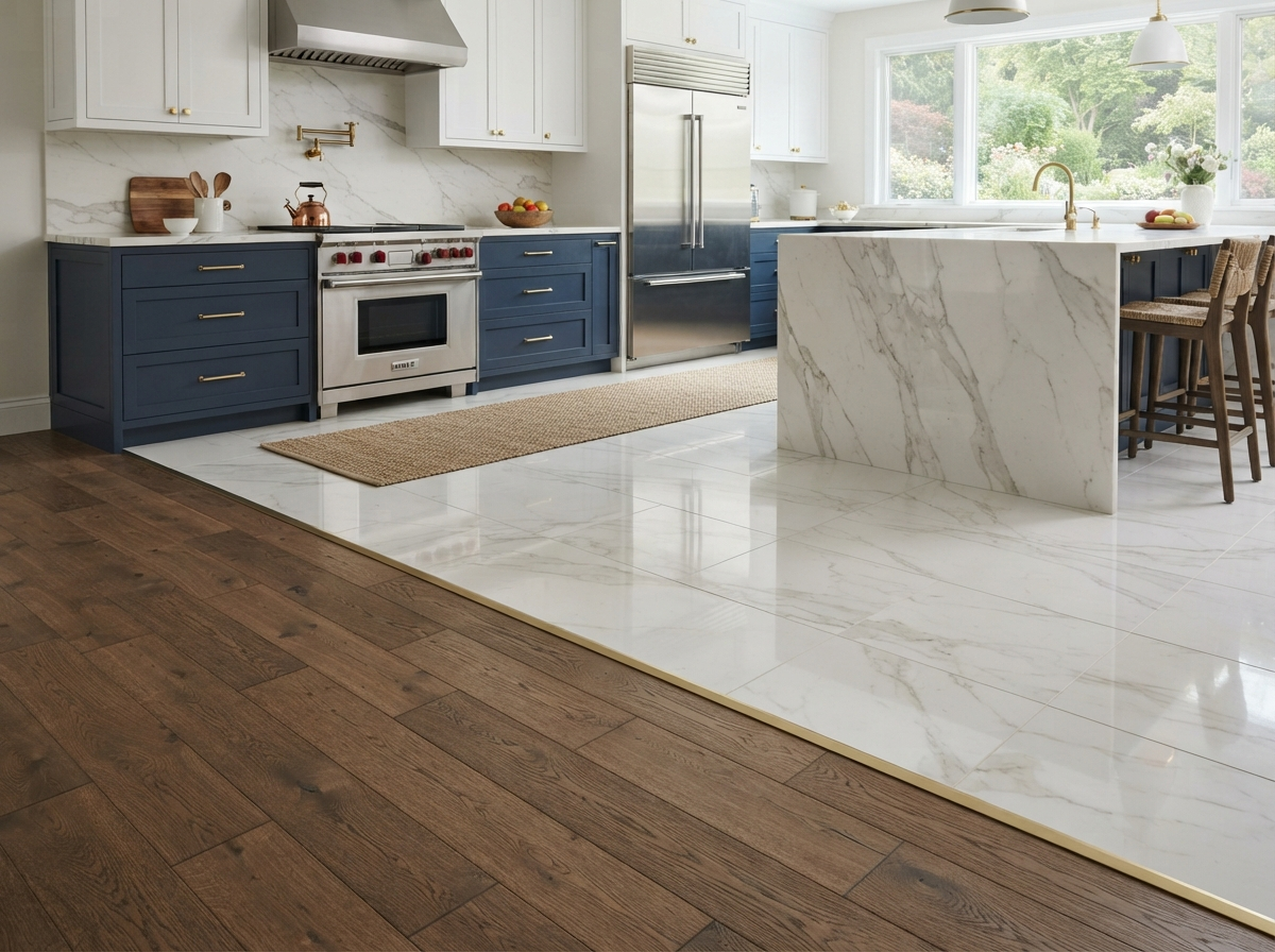 High-end kitchen flooring in hardwood and porcelain tile