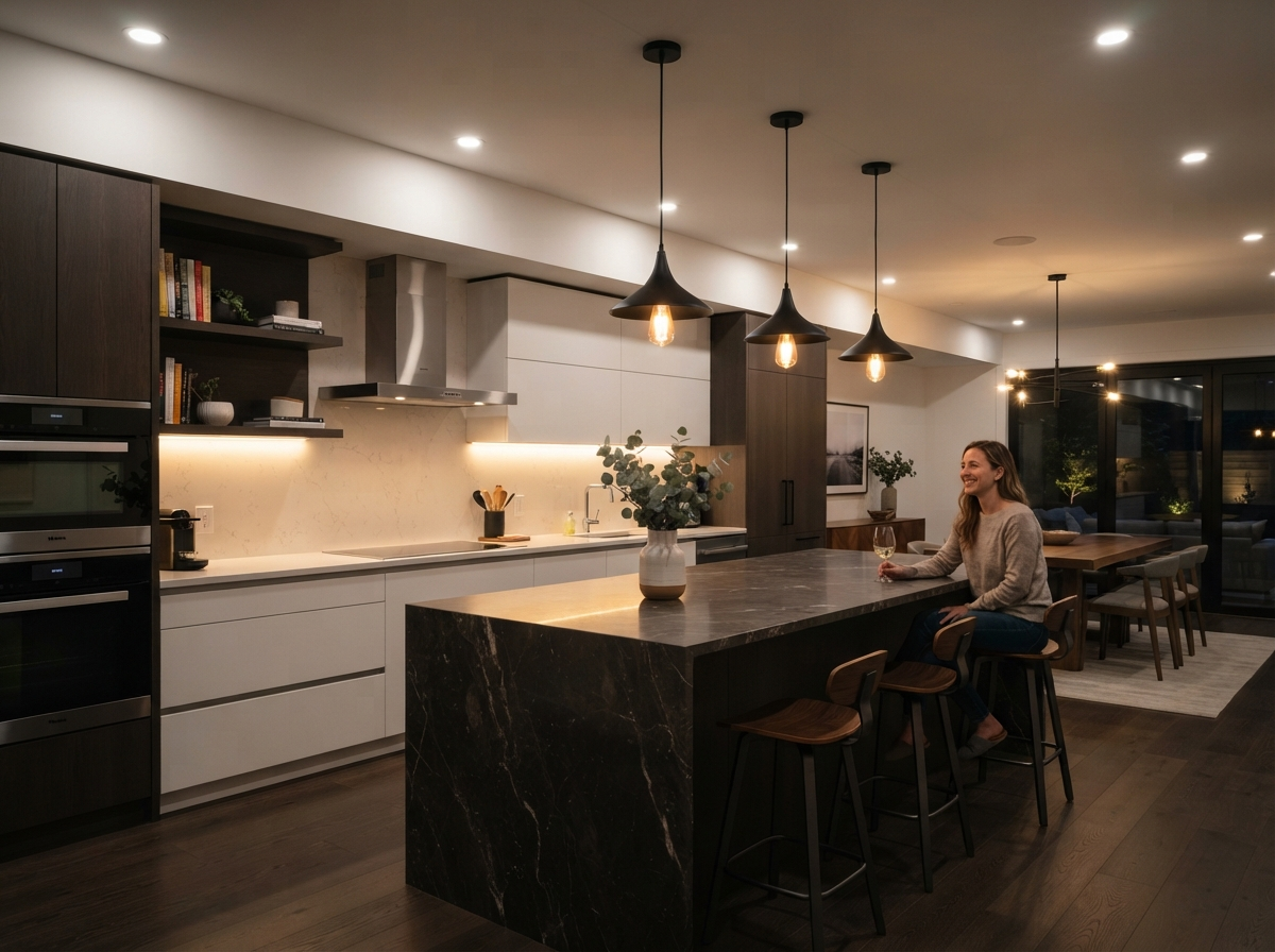 Architectural kitchen lighting with pendant and recessed lights