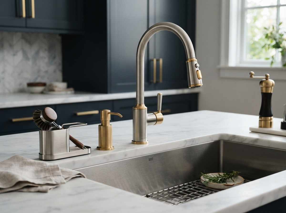 Luxury plumbing fixtures in brushed gold and stainless steel