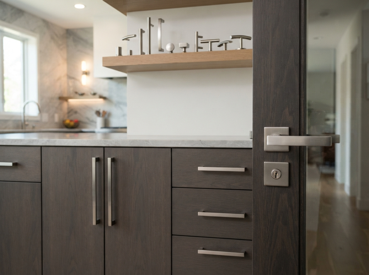 Premium cabinet hardware and door handles in brushed metal