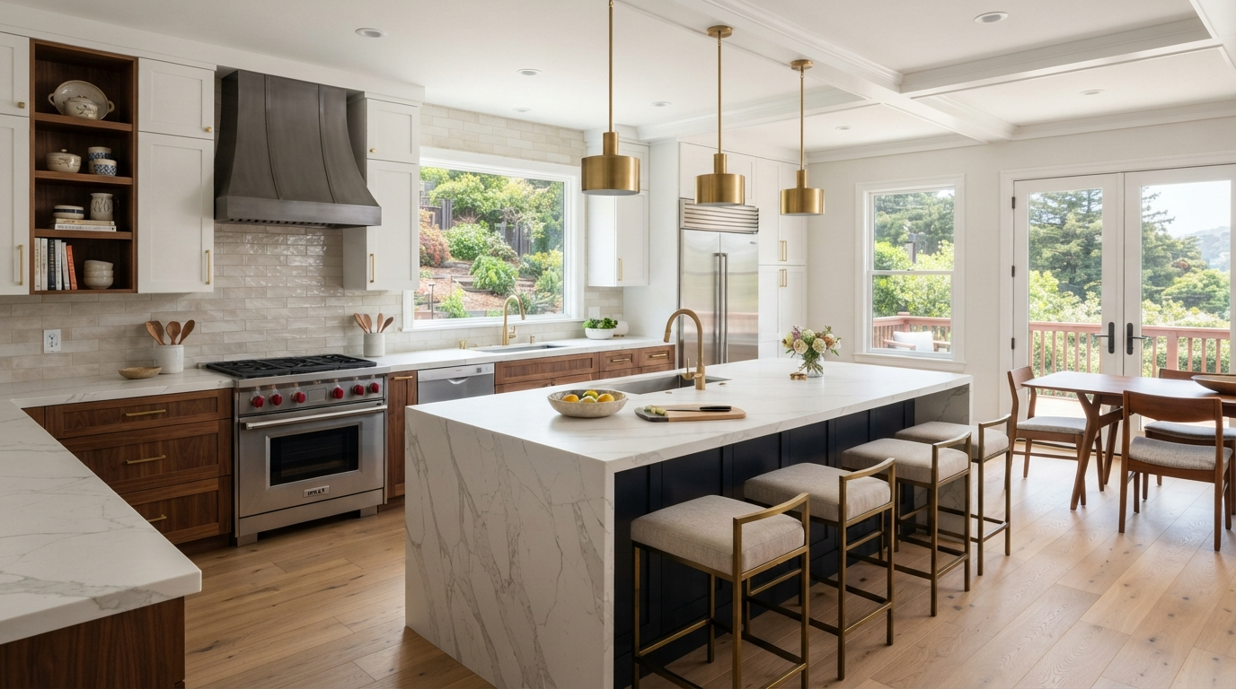 Professional luxury kitchen remodel featuring large custom island, white and wood cabinetry, premium stone countertops, architectural lighting, and upscale Bay Area residential finishes