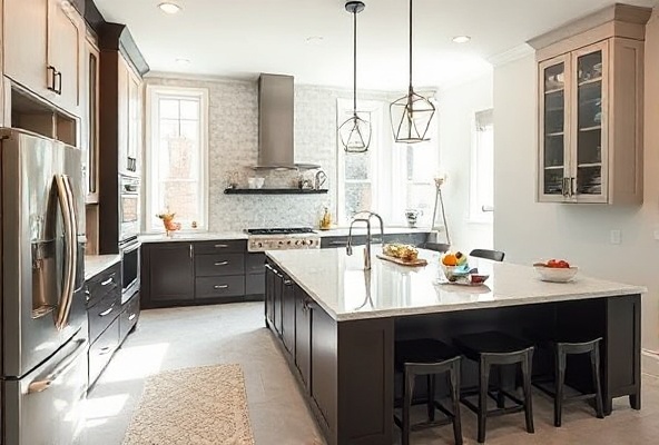 Luxury kitchen remodel with custom cabinetry, premium countertops, and modern lighting